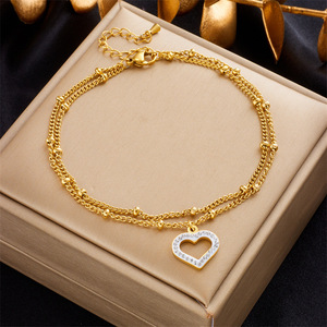 Bracelet de cheville en acier inoxydable plaqué or, étanche et inaltérable, avec pendentifs perle, papillon et cœur, pour femme, vente en gros - Product Image 3