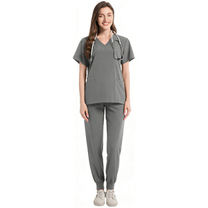 Women Scrub Set Gray Polyester Knitted Uniforms For Medical Staff Hospital Wear - Product Image 3
