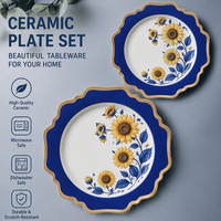 Service de table en céramique à motif tournesol, bordure bleue et dorée, style occidental, logo personnalisé, vaisselle décorative pour hôtel, vente en gros