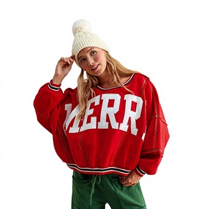 <b>Women's</b> Oversized Red Crewneck Sweatshirt With <b>White</b> Letter Patchwork Emb Casual Varsity Streetwear <b>Hoodie</b> - Product Image 1