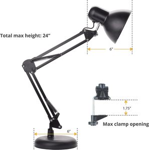 Lampe de table en métal noir avec base lestée et bras pivotant monté Éclairage de table de lecture idéal pour ampoule intérieure non incluse Bureau - Product Image 6