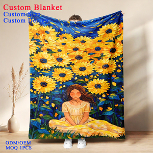 Manta de lana personalizada con estampado de girasoles y diseño artístico de chica, ideal para dormitorio, sofá, decoración del hogar, viajes o como regalo. - Product Image 1