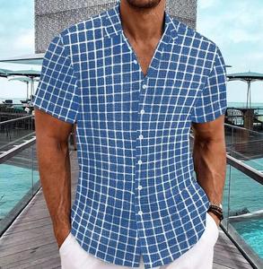 Nouveaux hommes décontracté <span class=keywords><strong>bleu</strong></span> <span class=keywords><strong>blanc</strong></span> <span class=keywords><strong>chemise</strong></span> à <span class=keywords><strong>carreaux</strong></span> boutonné à manches courtes Style Hip Hop Boxy Plaid chemises à <span class=keywords><strong>carreaux</strong></span> - Product Image 2