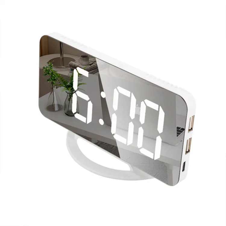 Digital LED Alarm Clocks Automatic Light-sensitive Bedroom Mirror Surface Plastic Electronic Clock with USB Port CT-548