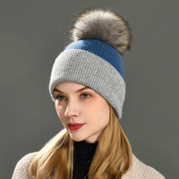 Chapeau en cachemire rayé chaud avec pompon en fourrure véritable, luxueux, doux, élégant, vente en gros, logo personnalisé, bonnet d'hiver pour femmes