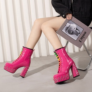 Punk Styles Studs Rivets Women Short <b>Boots</b> High Chunky Heels Shiny Patent Wide Fit Shoes Big Size 48 for Woman - Product Image 1