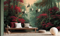 Papier peint mural Forêt Mystique personnalisable avec grue en vol et arbres d'érable rouge, décoration murale botanique sombre pour intérieur de maison de luxe