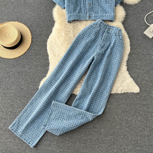 Completo in Denim da Donna: Top Corto <span class=keywords><strong>con</strong></span> Risvolto e Pantaloni a Gamba Larga a Vita Alta, Stile Retrò Casual - Product Image 5