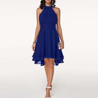Nouvelle Collection Été 2026 SOLU – Robe à Col Halter Style Anglais, Épaules Dénudées, Ourlet Irrégulier, Coupe Trapèze, Double Couche à Volants