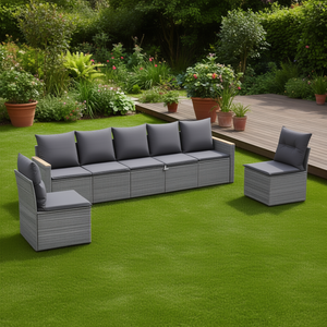 Ensemble de canapés de jardin d'extérieur 6 places en rotin PE gris avec housses amovibles, design contemporain - Product Image 2