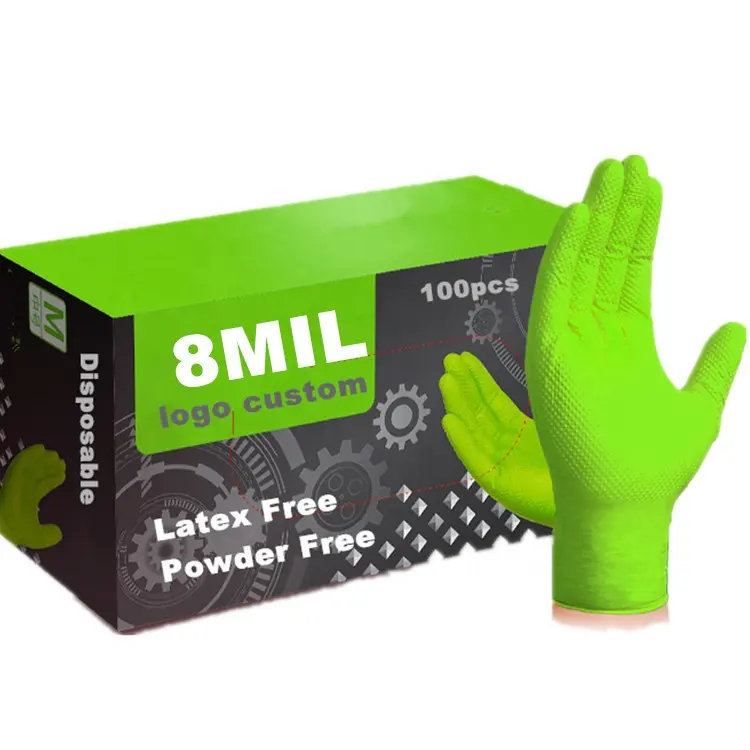 8mil heavy duty industrial green diamond textured nitrile gloves car repair use mechanics mechanical work gloves