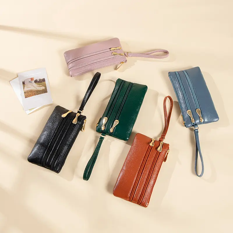 High quality Cheap PU Soft Lychee Pattern Leather Long Multi Pocket Wrist Wallet Women Handheld Phone Purse