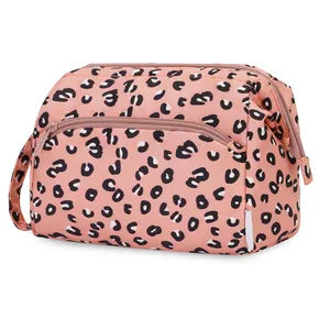 Bolsa de maquiagem Leopard com zíper impermeável compartimentada personalizada para viagens femininas