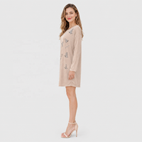 Robe Tunique Courte Décontractée Ample à Col Rond et Manches Longues Côtelées avec Imprimé Papillon en Strass pour Femme – Vente en Gros