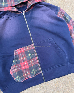 Sweat à capuche zippé en molleton français 100% coton à carreaux, design personnalisé, patchwork, couleurs contrastées pour hommes - Product Image 3