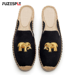Mules plates noires pour femmes, bout fermé, en toile, broderie éléphant <span class=keywords><strong>doré</strong></span>, à enfiler, tressées, style espadrille d'été - Product Image 5