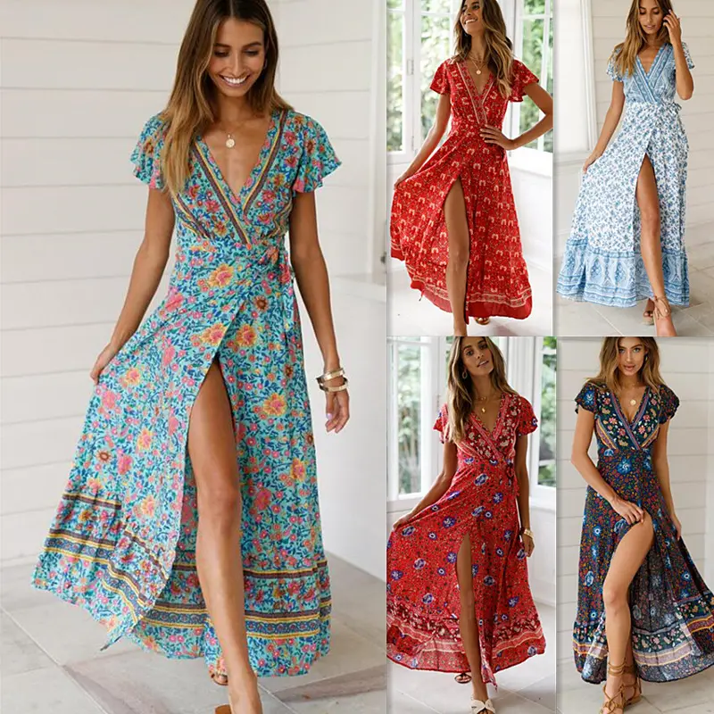 2024 Sommer Damen Blumendruck Boho-Kleid sexy V-Ausschnitt hoher Ausschnitt Strand langes Kleid lässig kurze Ärmel Särge Wickeln Maxikleider