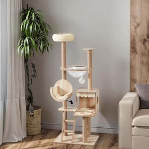 Meuble arbre à chat moderne et spacieux en bois, laine et sisal, avec niches et étagères murales, produit pour chats - Product Image 1