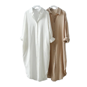 Vestido informal de lino y algodón con cuello de solapa de Color <span class=keywords><strong>s</strong></span>ólido, estilo oscilante, cintura elástica, bolsillo, cintura Natural, camisas de vestir - Product Image 2