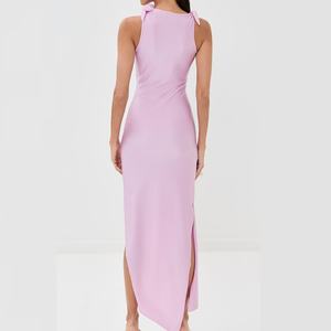 ชุดเดรสยาวสีชมพูสำหรับผู้หญิง ดีไซน์ดอกกุหลาบ 3 มิติ แต่งระบาย ช่วงกระโปรงผ่าข้าง แขนกุด เซ็กซี่ กระชับรูปร่าง เหมาะสำหรับงานปาร์ตี้หรืองานราตรี - Product Image 6