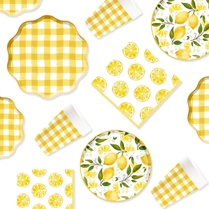 DAMAI - Juego de Vajilla Desechable con Diseño de Limón Amarillo para Fiestas de Cumpleaños, Incluye Platos de Papel, Pancarta y Mantel - Product Image 3