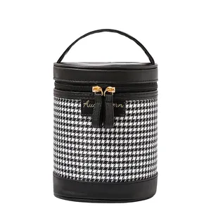 Custom Hot Sale Houndstooth Cylindrical Large Capacity Travel Portable Makeup Cosmetic Storage Bag For Women