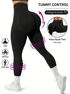 Leggings de yoga côtelés taille haute, longueur intégrale, sans coutures, extensibles dans quatre directions, couleur noire unie - Product Image 2