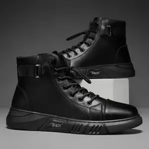 Großhandel Private Label Logo Benutzer definierte Pu Black Stiefel High Top Schnür Mann Sportschuhe Alle Black Sneaker