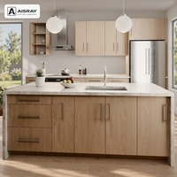 Meuble de cuisine moderne en mélamine avec portes à panneaux, aménagement en îlot, dimensions personnalisées, boîtes de rangement en contreplaqué et rangement coulissant