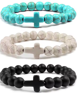 Bracelet Chrétien Homme en Pierres <span class=keywords><strong>Semi</strong></span>-Précieuses Extensibles 8MM, Perles Turquoise, avec Croix - Vente en Gros à Prix Abordable - Product Image 1