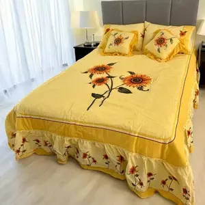 Juego de Edredón Queen Size con Diseño de Girasoles, 7 Piezas, Ropa de Cama Bordada, Decoración para el Hogar, Estilo Pastoral, Poliéster, para Todas las Temporadas - Product Image 4