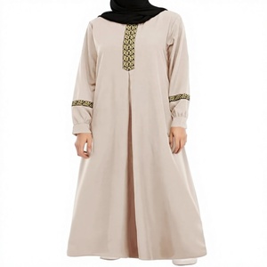 Abaya beige pour femmes, manches longues, col rond, robe longue modeste avec broderie géométrique, style Moyen-Orient, coton, tenue quotidienne - Product Image 1
