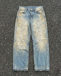 Straight Leg Distressed <b>Denim</b> Jeans Men High Waist Ripped Casual Cotton Midweight Stonewashed Spring Style - Product Image 1