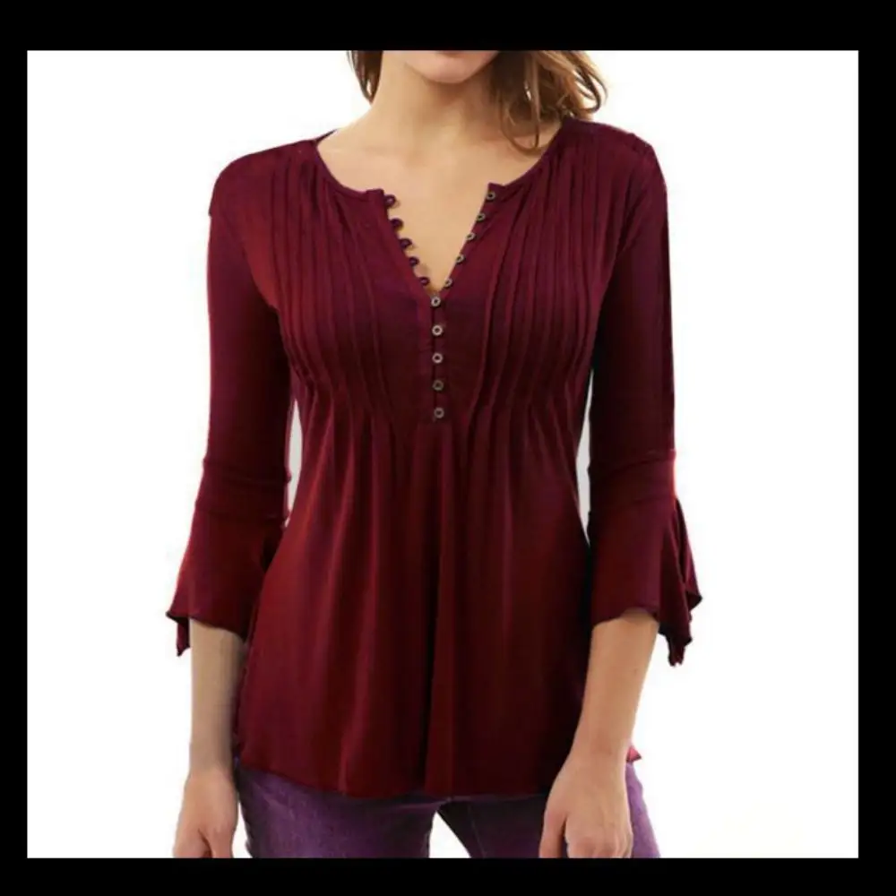 Kadın düğmesi T-shirt gömlek zarif fırfır yarım parlama kollu bluz Tops düz renk gevşek Tee Casual bluz