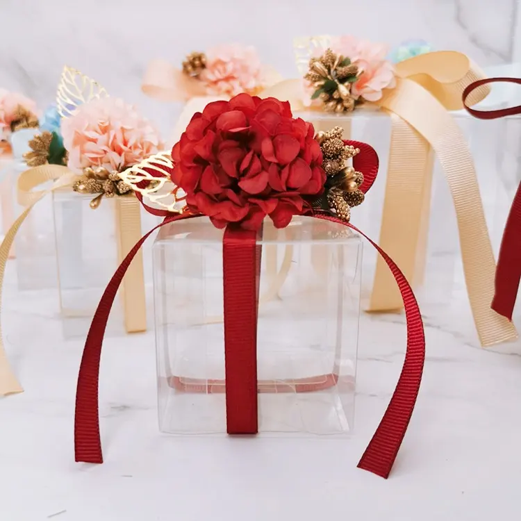 Cajas de dulces transparentes de PVC, caja de regalos y favores de boda, cinta de flores cuadrada, caja de embalaje romántica, bolsa de regalo para fiesta