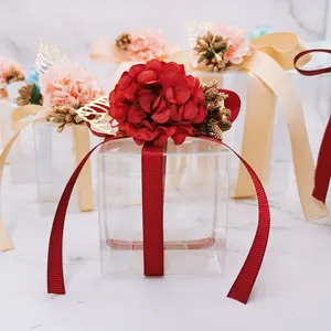 Boîtes à bonbons transparentes en PVC pour faveurs de mariage et cadeaux, boîte carrée de ruban de fleur, boîte d'emballage romantique, sac de cadeau de fête