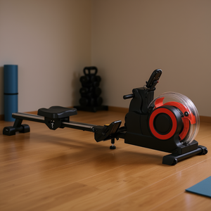 Rameur pliable rouge pour usage domestique, entraînement cardio avec roues, moniteur LCD et support pour tablette - Product Image 2