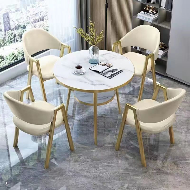 2 Table blanche + 4 chaises en cuir [beige]