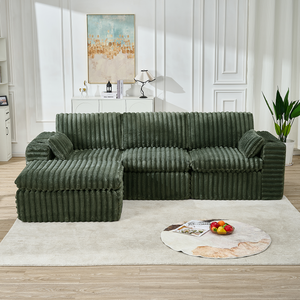 Canapé d'angle modulaire capitonné en flanelle côtelée, style luxe léger et moderne, avec ottoman - Vert, 3 places, écologique, pour salon - Product Image 2