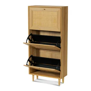 2024 3-Drawer Freestanding Rattan Shoe Rack Organizer Wooden Flip Drawers Tipping Shoe Cabinet for Living Room Entryway Storage