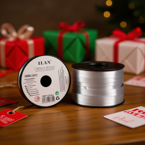 Cinta de regalo Ilan de 5 mm x 100 yardas, metalizada plateada satinada para empaque de regalos - Product Image 2