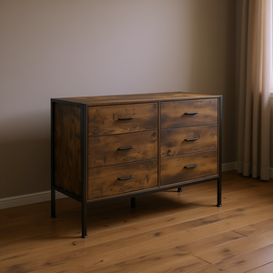 Commode à 6 tiroirs de style industriel, bois brun rustique, structure en acier, meubles de rangement pour chambre à coucher, modèle D0100HP2XKG - Product Image 2