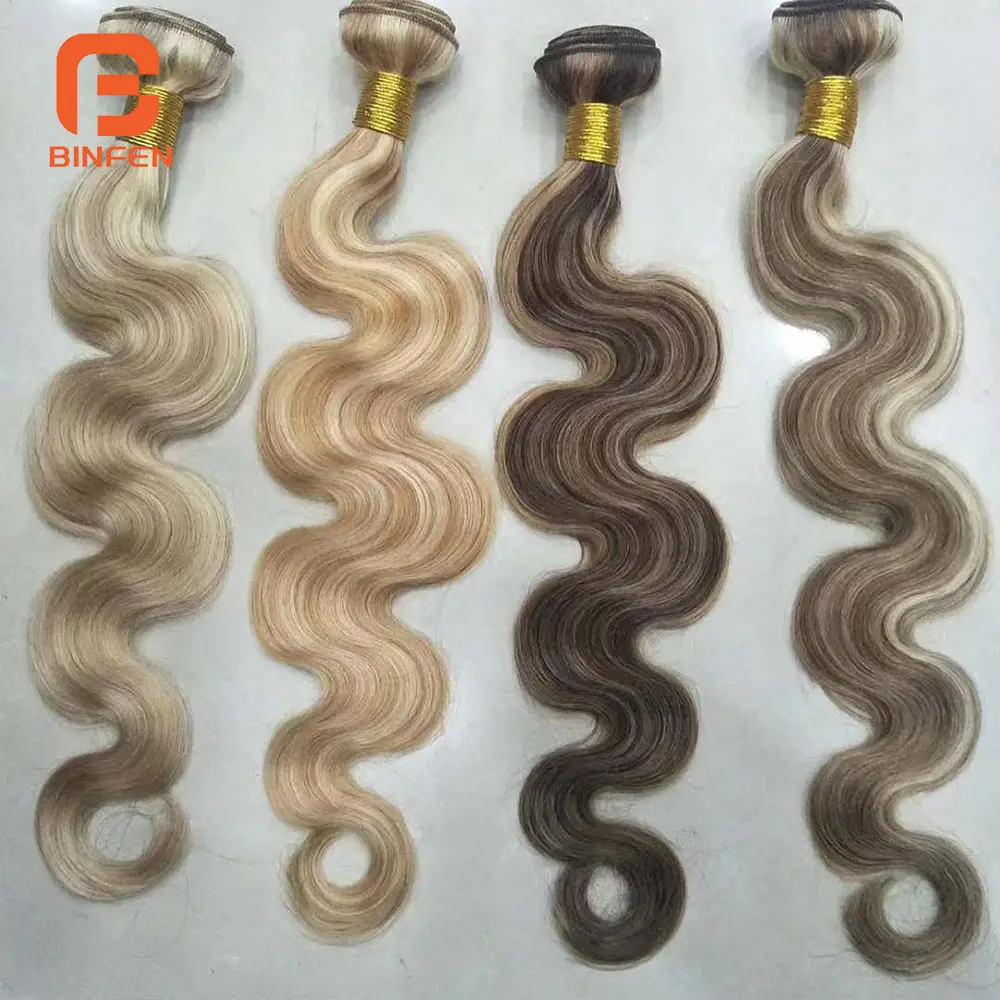 BinFen Peruvian Remy Hair Piano Color P8/613 3 Bundles Body Wave Ombre Blonde Human Hair Weave Ash Brown Hair With Highlight