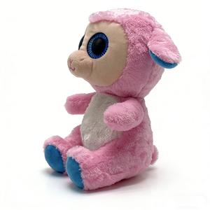 Peluche d'agneau rose moelleuse personnalisée, avec de grands yeux ronds bleus brillants, visage beige crème, nez d'agneau rose cousu. - Product Image 1