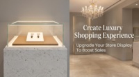 Vitrine à bijoux sur mesure avec base en marbre, éclairage LED, comptoir d'exposition en verre et métal doré pour magasin de détail