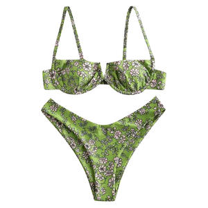 Бикини с высоким вырезом, женский фиолетовый купальник на косточках с цветочным принтом, бразильские летние купальники, купальный костюм, стринги, микро купальники - Product Image 1