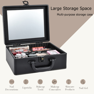 Travel <b>Makeup</b> Organizer <b>Case</b> with Mirror PU Leather Cosmetic Train <b>Case</b> with Adjustable Dividers and Brush Holder Make up Box - Product Image 2