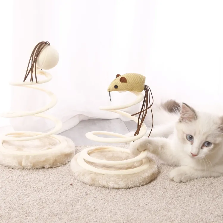 Perlengkapan mainan kucing peliharaan lucu, kawat Spiral kain pegas mainan garuk kucing bulat