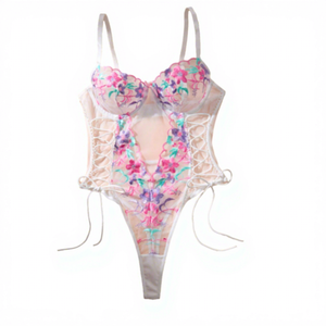 Combinaison sexy pour femme en dentelle florale brodée, maille transparente légère, push-up, lingerie transparente tentante, bretelles réglables, romantique - Product Image 6