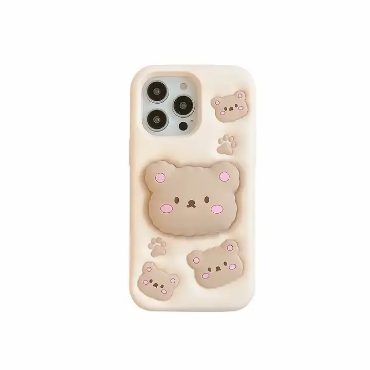 Mode 3d Cartoon Stand Beugel Katoen Beer Siliconen Schokbestendig Beschermend Telefoonhoesje Voor Iphone 11 12 13 14 15 Pro Max